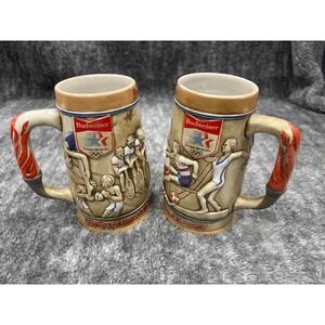1984 Budweiser Los Angeles Olympics Ceramarte Beer Steins Set of 2 Man Cave Brew